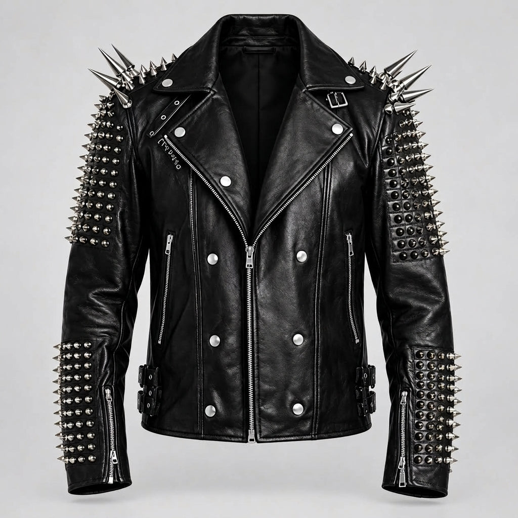 A black Crust Punk Jacket heavily embellished with silver-tone spikes and studs on the shoulders, sleeves, and lower arms, shown against a light gray studio background.