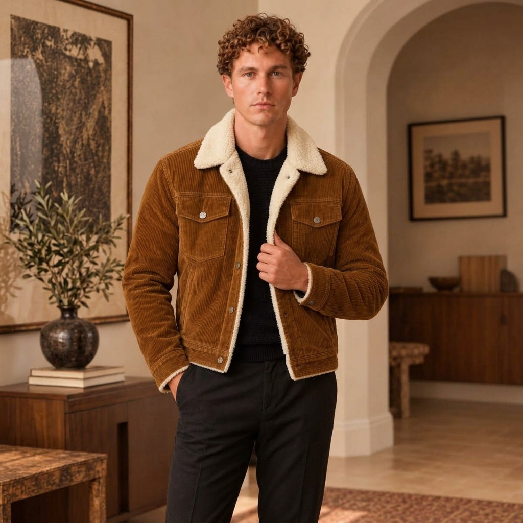 A man wearing a brown corduroy jacket with a cream sherpa collar, standing in a warm, modern interior room.