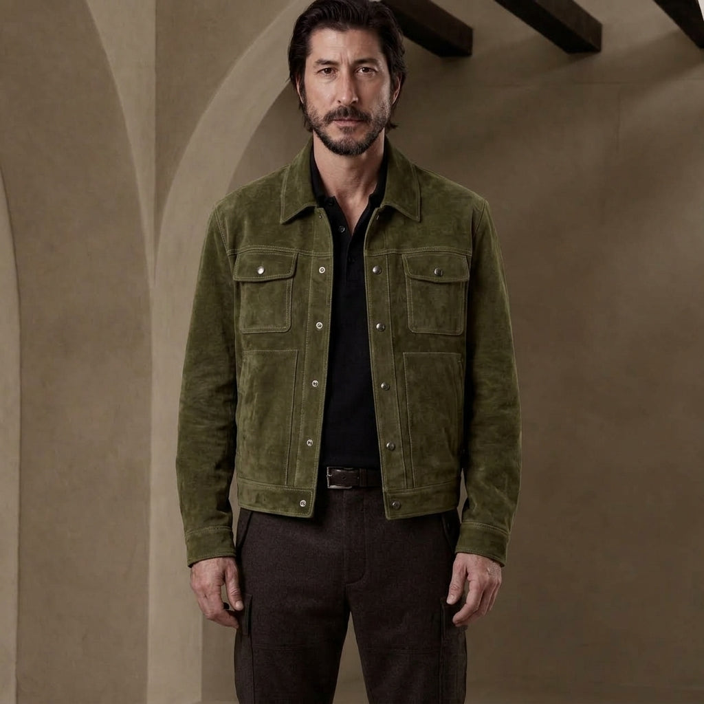 A man wearing an olive green suede jacket over a black shirt and dark brown trousers, standing against a warm beige textured wall with arches.