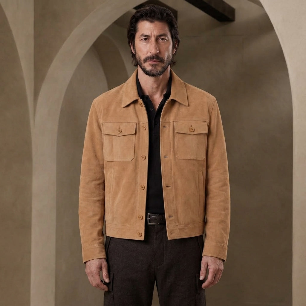 A man wearing a tan suede jacket over a black shirt and dark trousers, standing in front of a warm-toned arched wall.