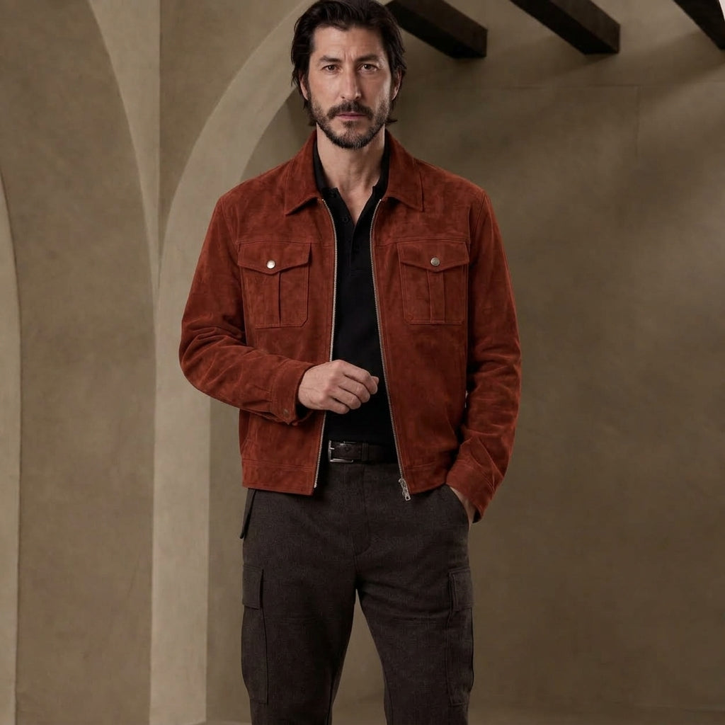 A man wearing a Rust Suede Jacket over a black shirt and dark trousers, standing in a warm-toned architectural setting with beige walls and dark ceiling beams.
