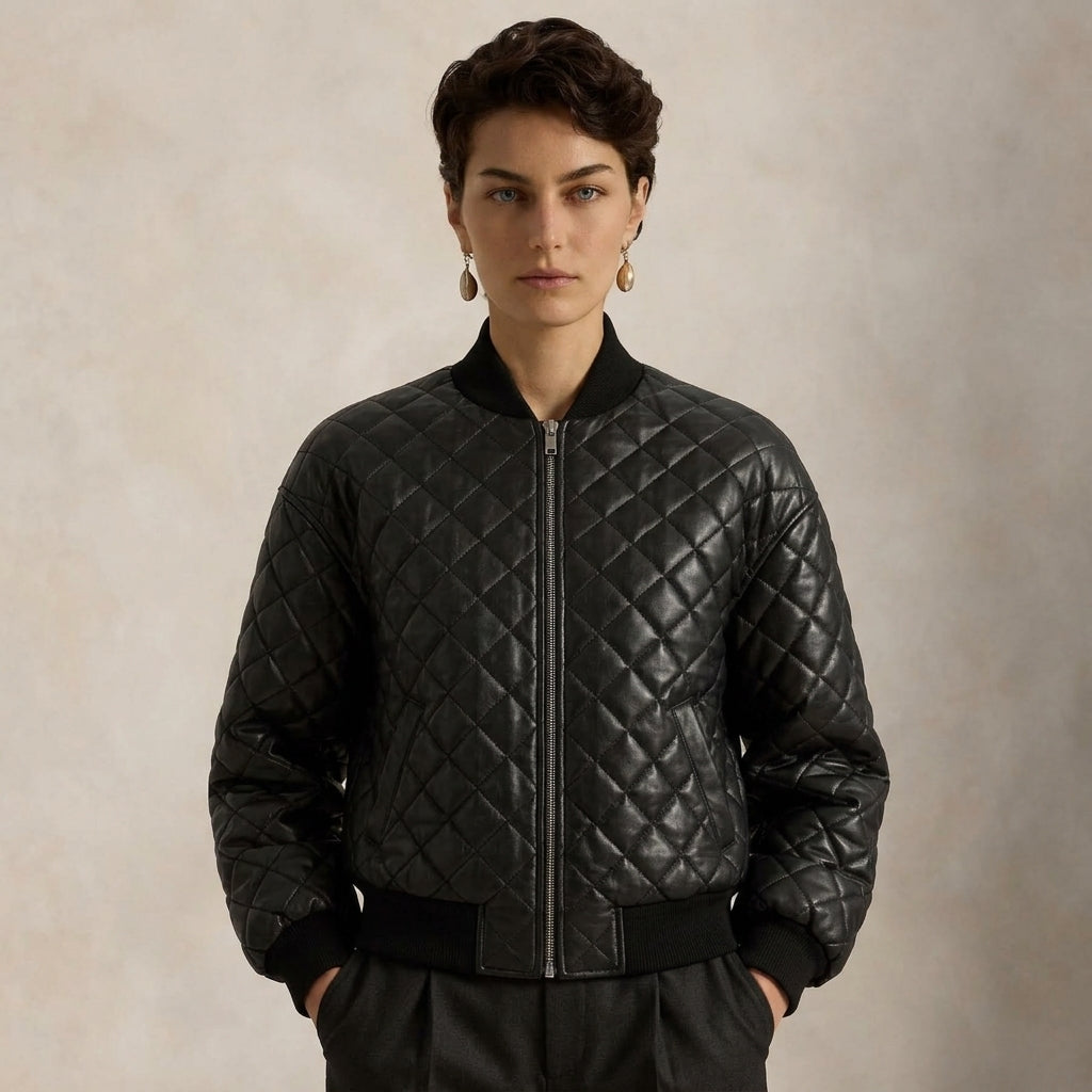 A model wearing a black quilted bomber jacket with a diamond-stitched pattern, black ribbed collar, cuffs, and hem, standing against a textured beige background.