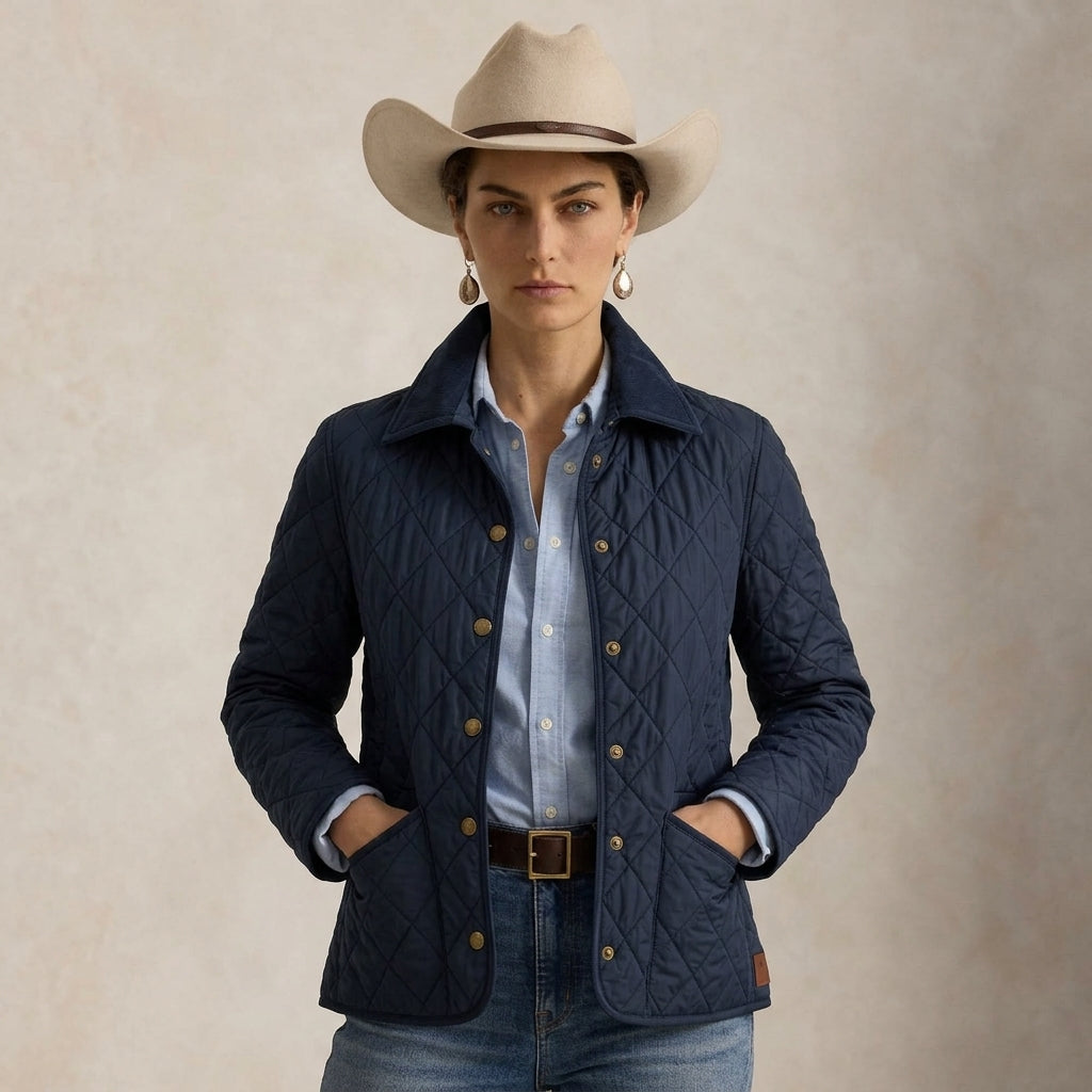 A woman wearing a navy blue quilted jacket with gold-tone buttons, a light blue button-down shirt, blue jeans, and a beige cowboy hat, standing against a textured beige studio backdrop.