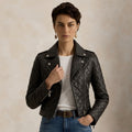 Quilted Moto Jacket for Women in Black Leather