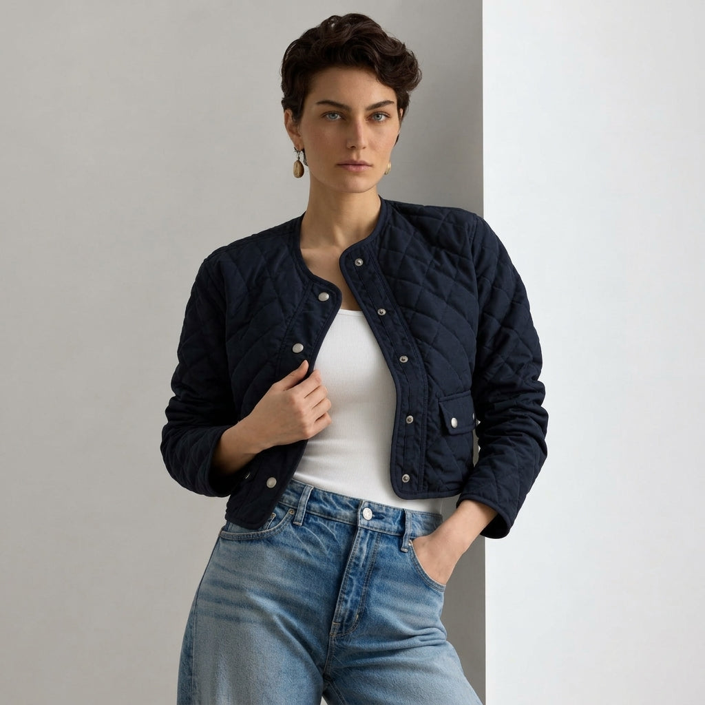 a woman with short hair wearing Quilted Blue Jacket and blue jeans