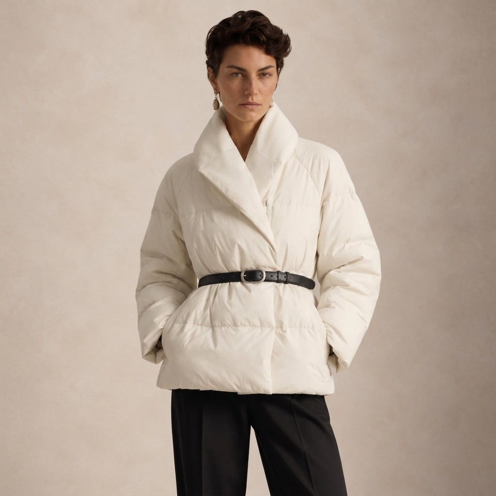 A model wearing a white puffer jacket with a wide collar and a black belt, paired with black trousers, set against a neutral beige background.