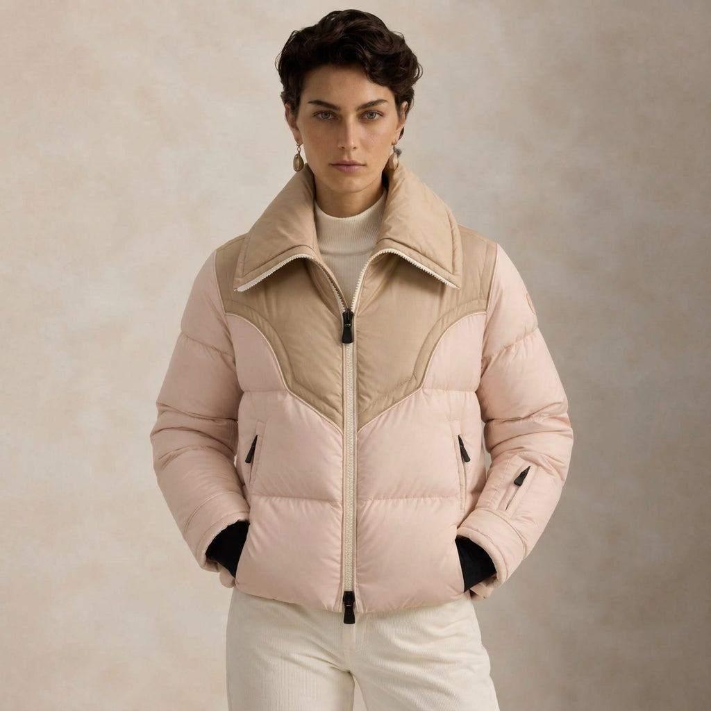 a woman viewed from front while wearing a quilted puffer jacket with white pants