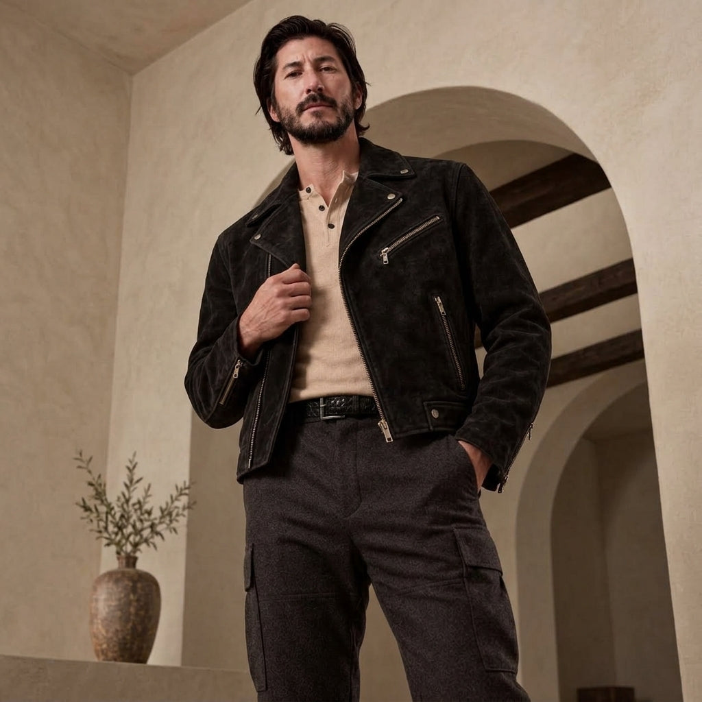 a model wearing a Black Suede Leather Jacket with open zipper inside a studio