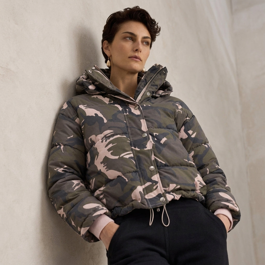 A woman wearing a hooded puffer jacket with a green, gray, and pink camouflage pattern, leaning against a textured light gray wall.