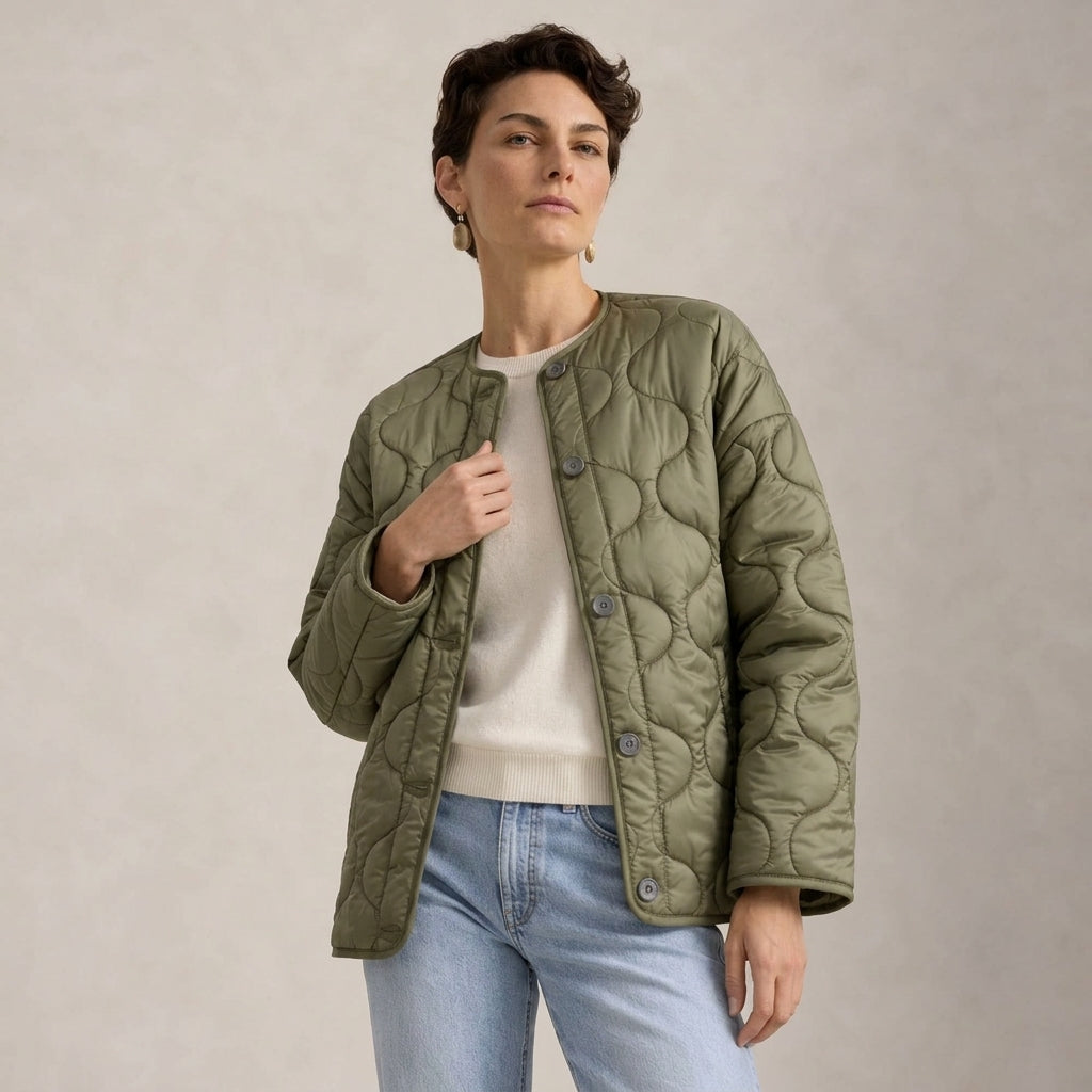 A woman wearing a quilted olive green jacket over a cream sweater and light blue jeans, standing against a neutral textured beige background.