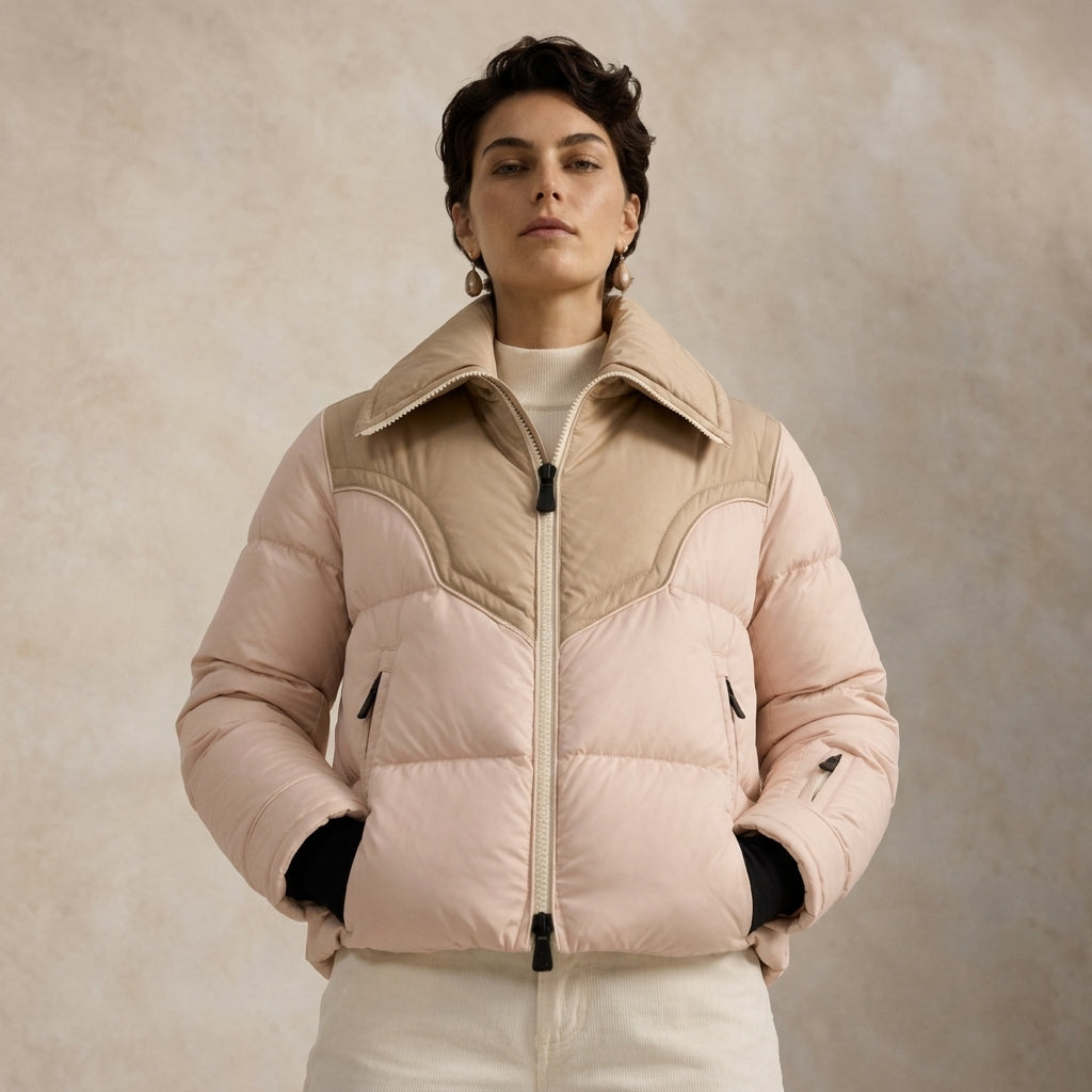 A model wearing a light pink and beige color-blocked puffer jacket with a high collar, standing against a textured beige background.