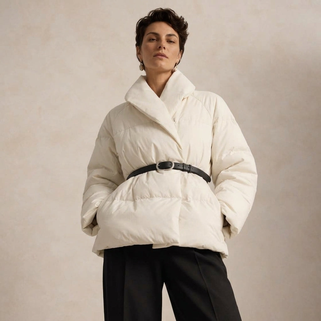A model wearing a Quilted White Jacket with a high collar and a black belt, paired with black trousers, set against a textured beige background.