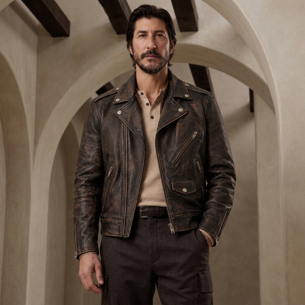A man wearing a distressed brown leather motorcycle jacket over a beige henley shirt and dark pants, standing in an arched stone corridor.