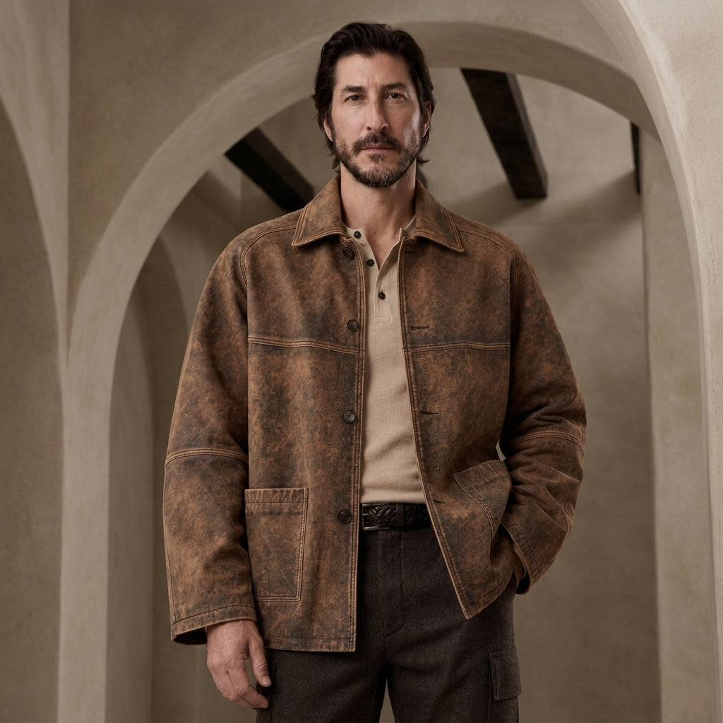 A man wearing a distressed brown leather jacket over a beige shirt and dark trousers, standing in front of a warm-toned arched stone wall.