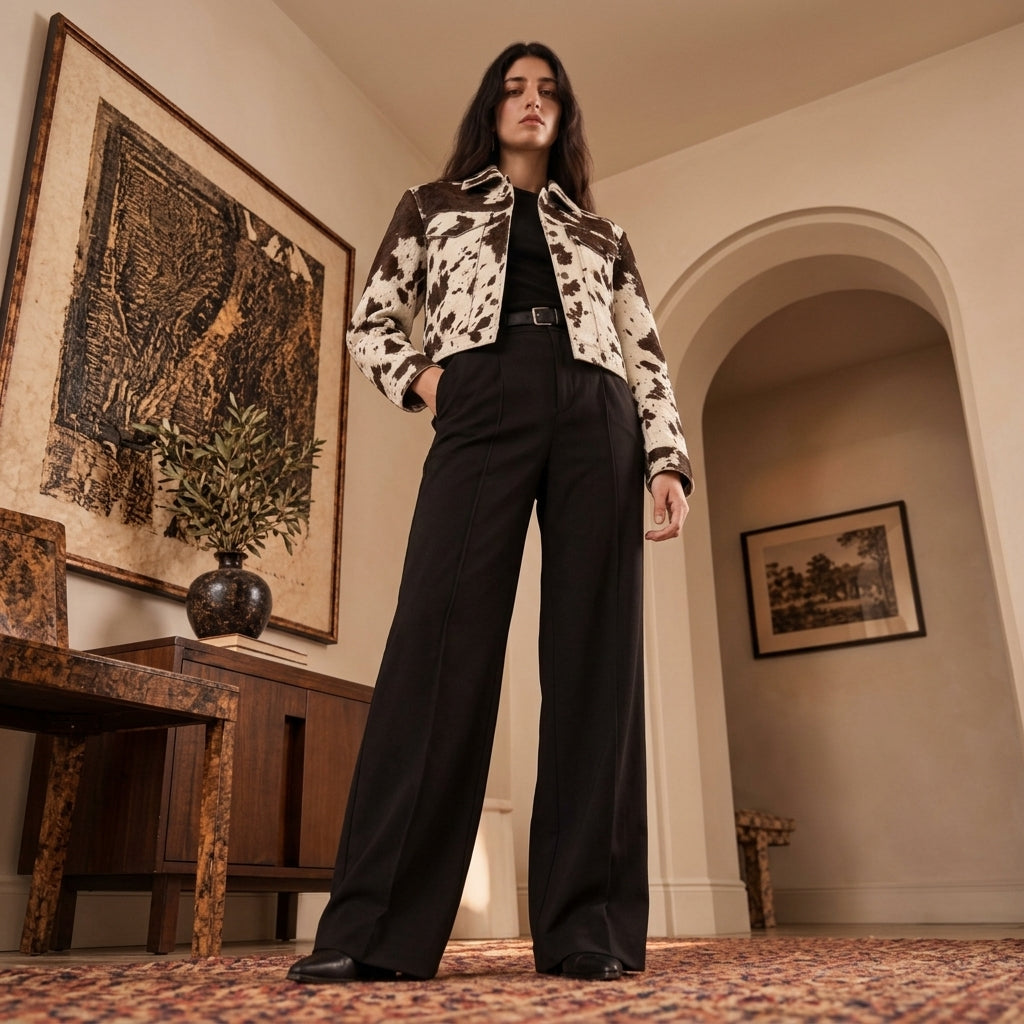 A woman stands in a styled interior wearing a Hair On Hide Jacket, black wide-leg trousers, and black shoes. The room features warm beige walls, framed artwork, a wooden console table, and a patterned rug.