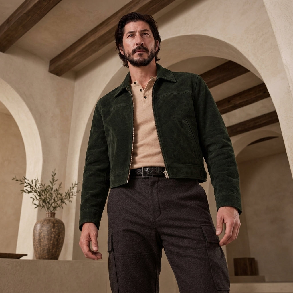 A man wearing a dark green suede jacket over a beige henley shirt and dark cargo pants, standing in a rustic interior with arches and wooden beams.
