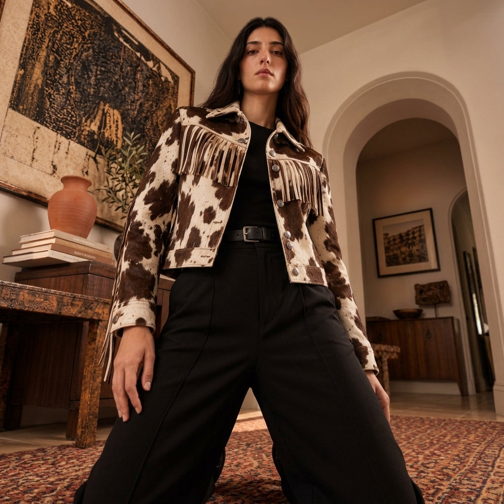 A woman models a cropped fringed jacket with a brown and beige cow print pattern, styled with a black top and black wide-leg trousers in a warm, rustic interior setting.