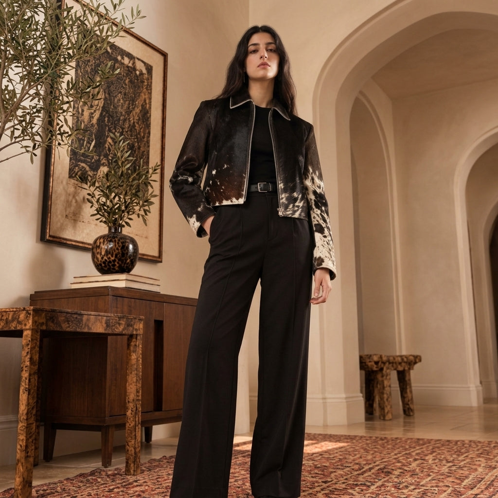A woman stands in a warm, elegant interior wearing a cropped Cowhide Biker Jacket with a glossy finish and mottled metallic pattern on the sleeves, paired with black wide-leg trousers.