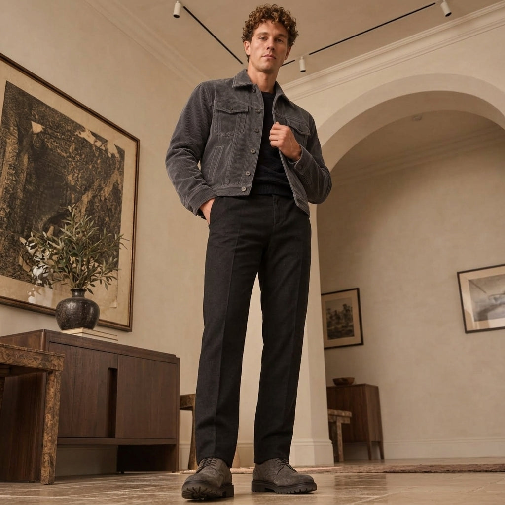 A man stands in a warmly lit indoor room wearing a dark charcoal gray corduroy jacket over a black shirt and black trousers, paired with dark brown shoes.