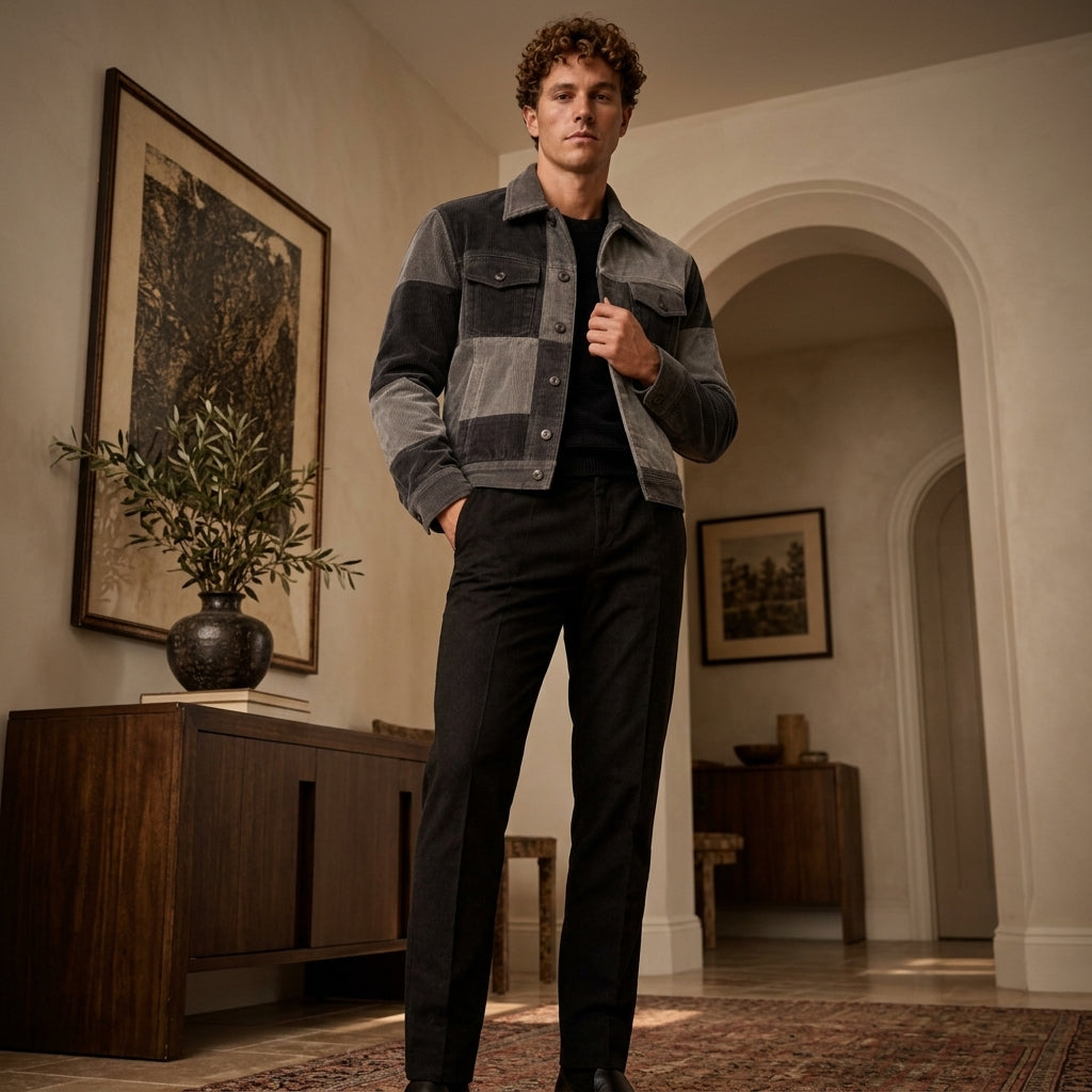 A man stands in a stylishly decorated room wearing a dark gray and black patchwork corduroy jacket over a black shirt and black trousers.