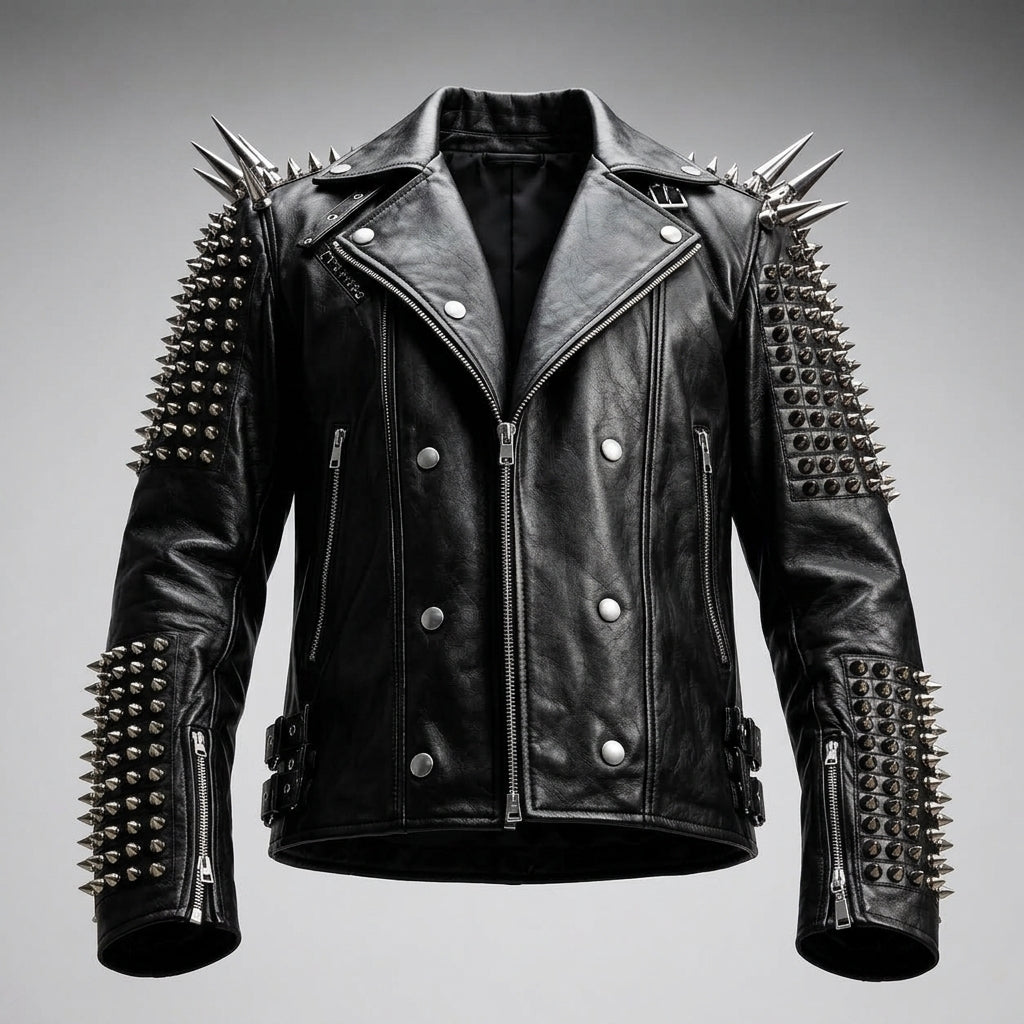 A black leather motorcycle jacket with prominent silver metal spikes on the shoulders and sleeves, shown against a neutral gray background.