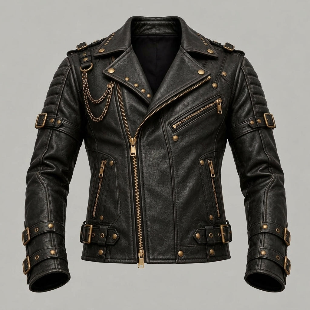Black leather motorcycle jacket with bronze hardware, studded details, and a chain accessory on the chest, shown against a solid gray background.