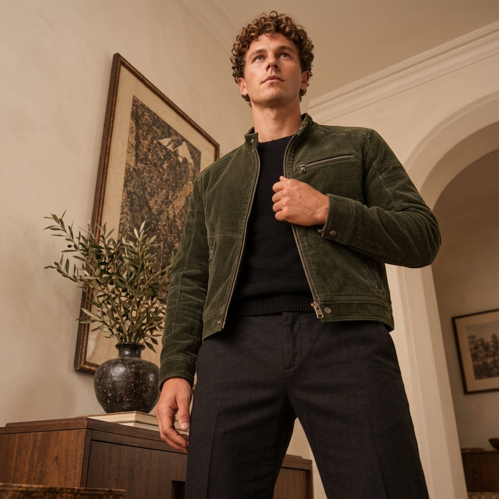 A man wearing an olive green corduroy jacket over a black sweater and dark trousers, standing in a warm, elegant interior room with framed art and a wooden cabinet.