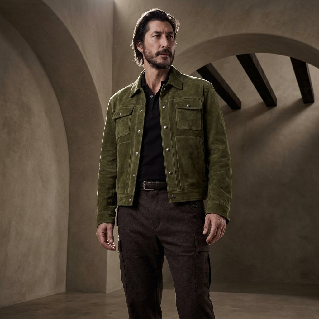 A man wearing an olive Green Suede Trucker Jacket over a black shirt and dark brown pants, standing in a rustic stone room with arches.