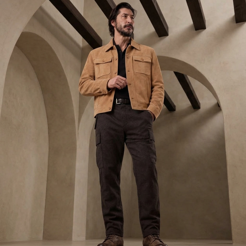 A man wearing a tan suede utility jacket, dark brown cargo pants, and a black shirt stands in a rustic stone archway setting.