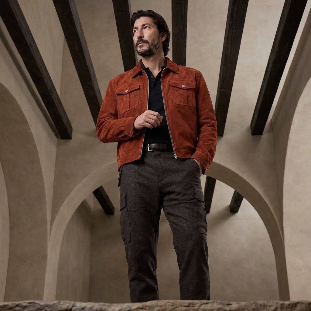 A man wearing a rust-orange suede jacket over a black shirt and dark cargo pants, standing in a stone archway corridor.