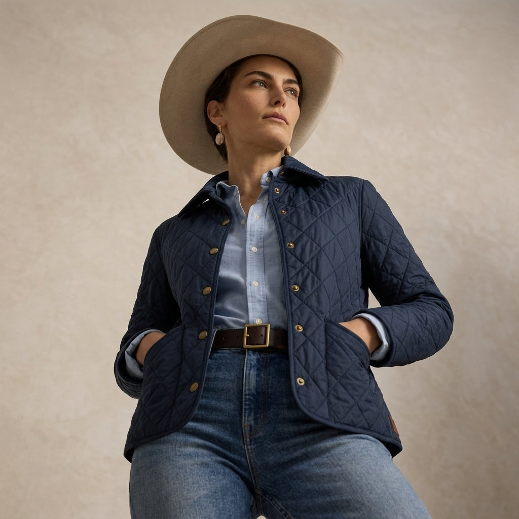 A woman wearing a navy quilted jacket with gold-tone buttons, a light blue button-up shirt, blue jeans, and a beige wide-brim hat, posed against a textured beige studio backdrop.