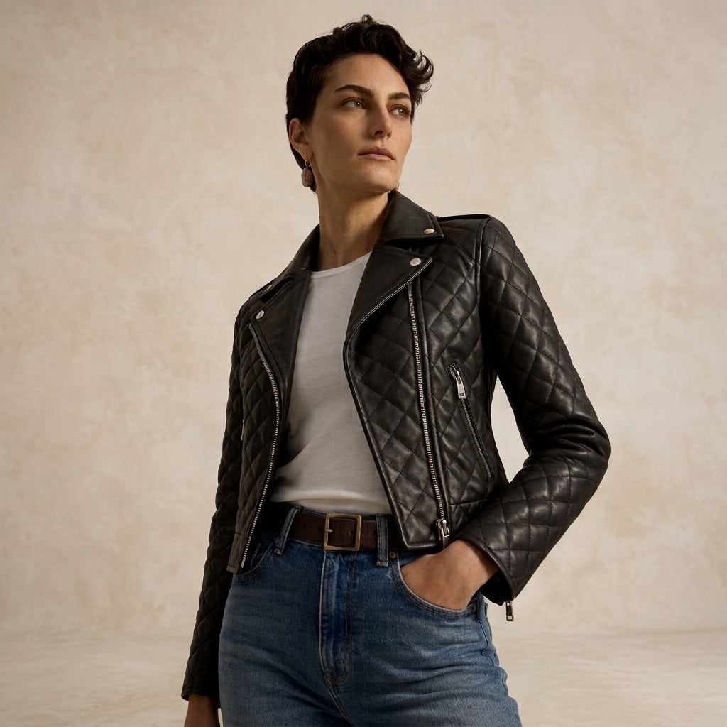 Quilted Moto Jacket for Women in Black Leather