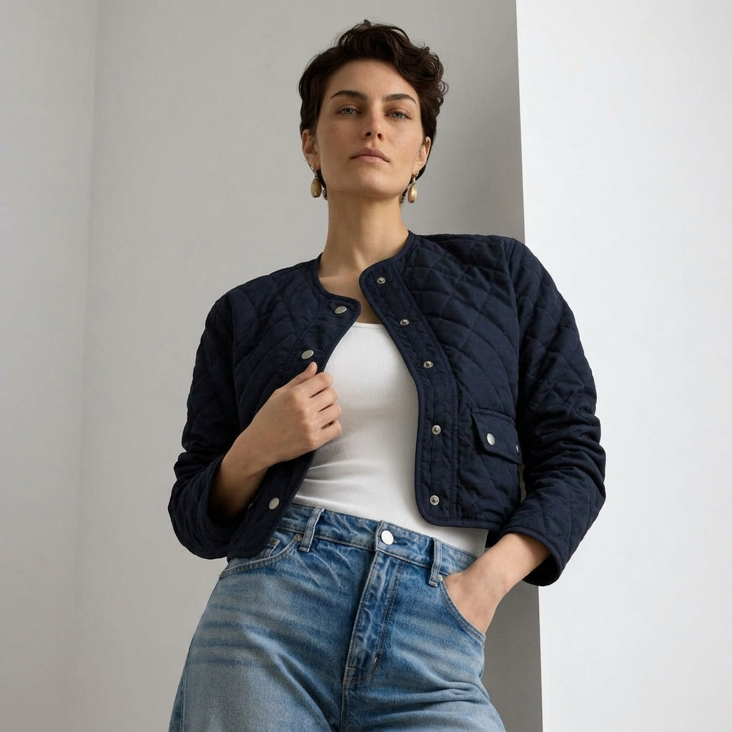 A woman wearing a dark navy blue quilted jacket over a white tank top and blue jeans, standing against a minimalist light gray wall.