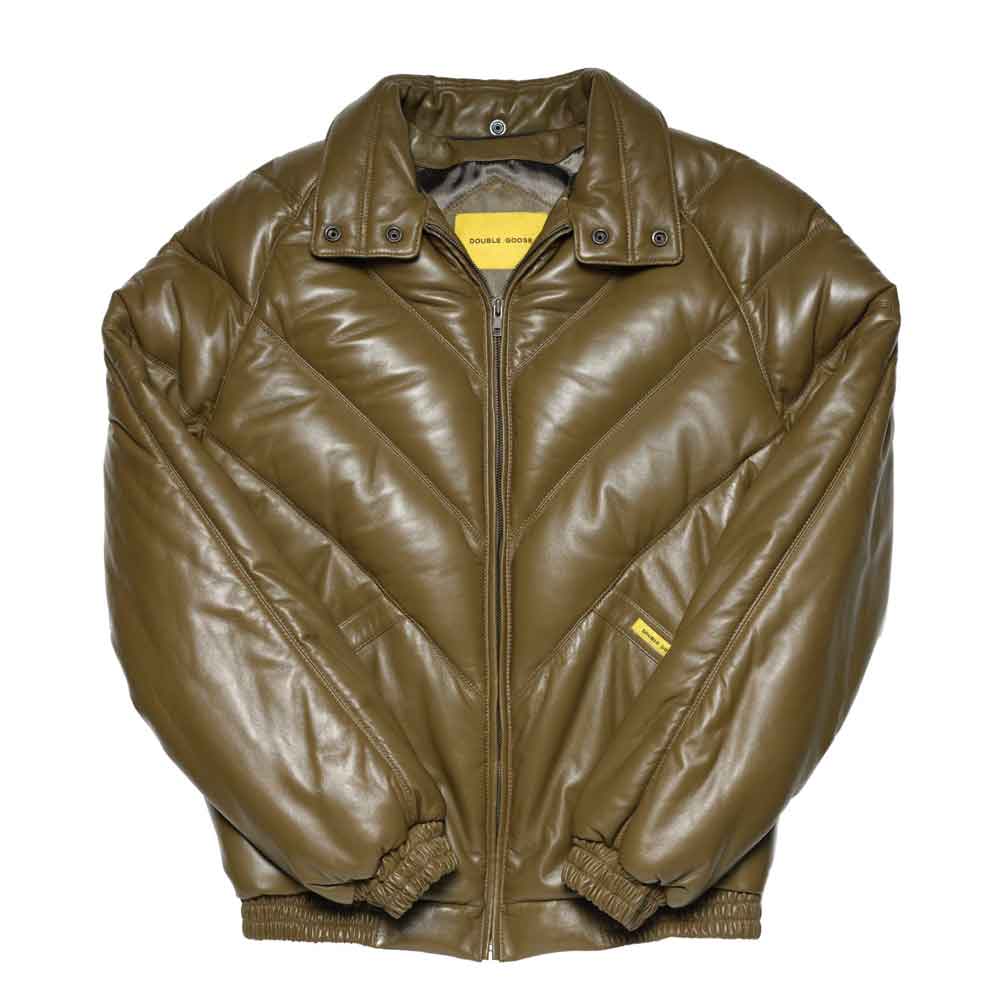 A khaki bomber leather jacket with a front zipper, ribbed collar, cuffs, and hem, featuring small yellow brand tags on the chest and inside the collar.
