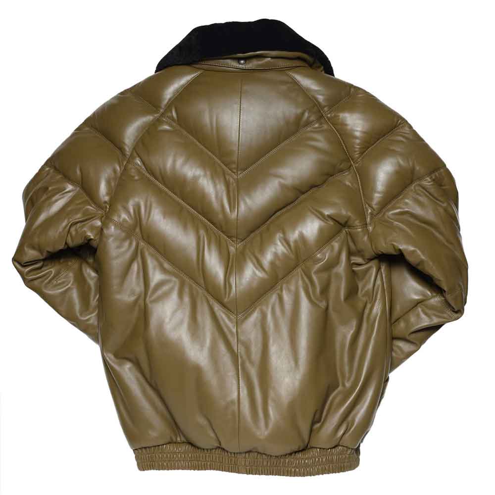 The back view of a khaki v bomber  jacket with a black collar lining, shown on a plain white background.