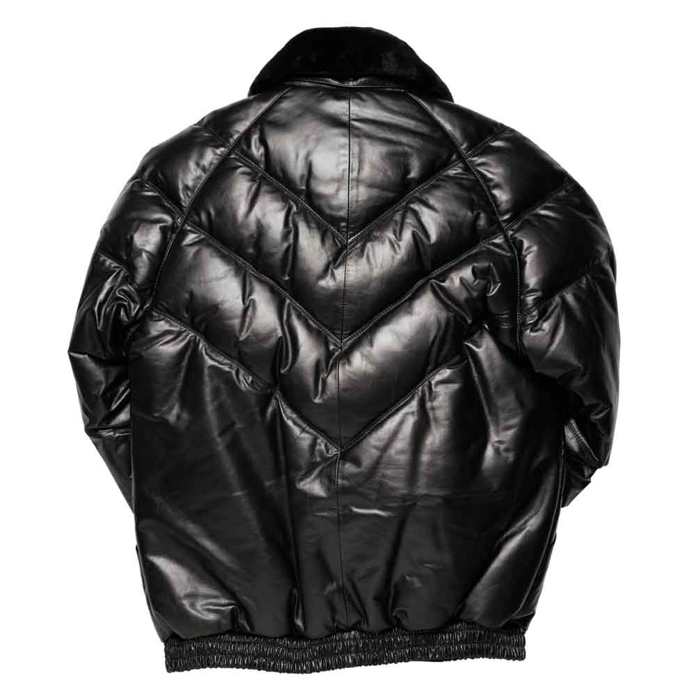 A black quilted v bomber jacket shown from the back, featuring a high collar, diamond quilting, and elasticized hem, photographed against a plain white background.