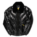 A shiny black quilted v bomber jacket with a plush black faux-fur collar, black elasticized cuffs and hem, and small yellow brand tags on the chest and collar, shown against a plain white background.