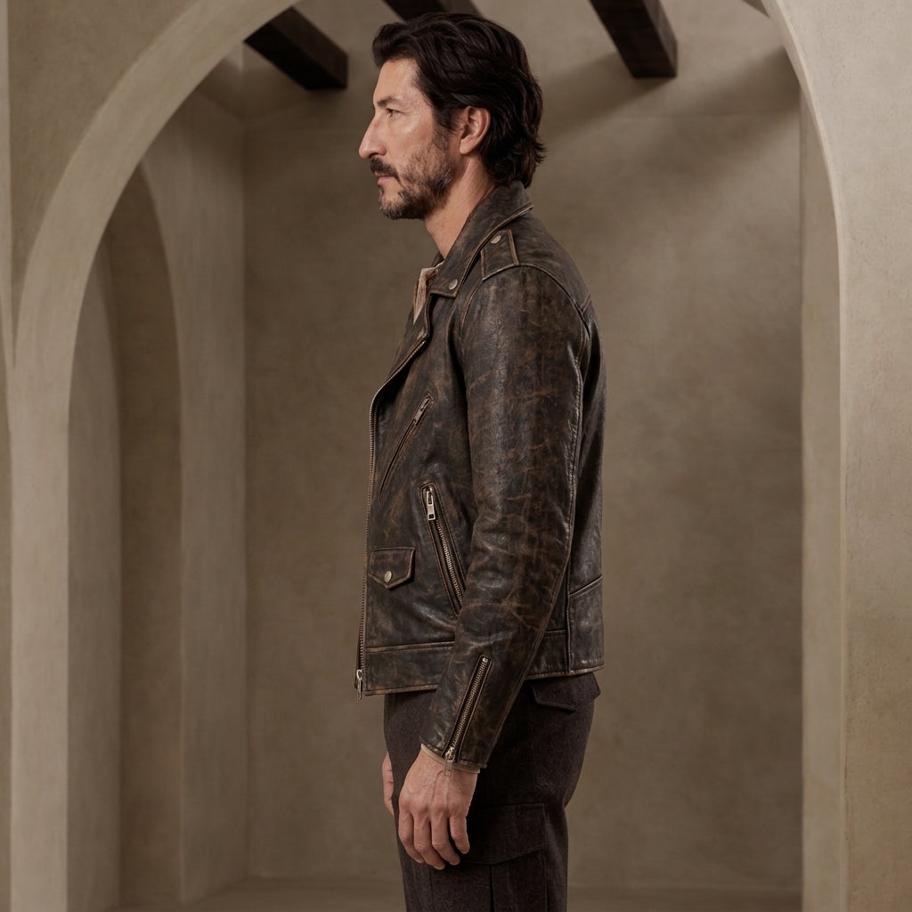 A man in profile wearing a distressed dark brown leather motorcycle jacket, standing in a stone archway setting.