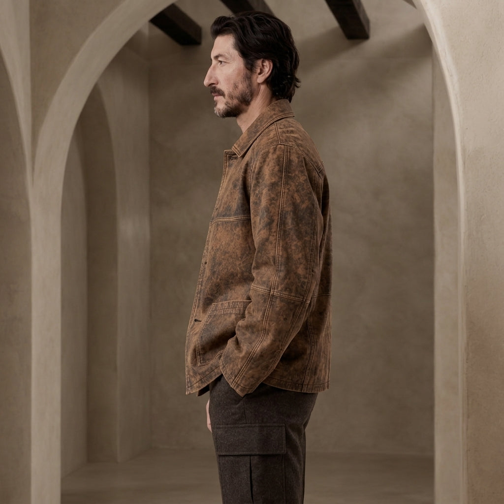 A man in profile wearing a brown washed canvas utility jacket and dark cargo pants, standing in a warm-toned arched interior.