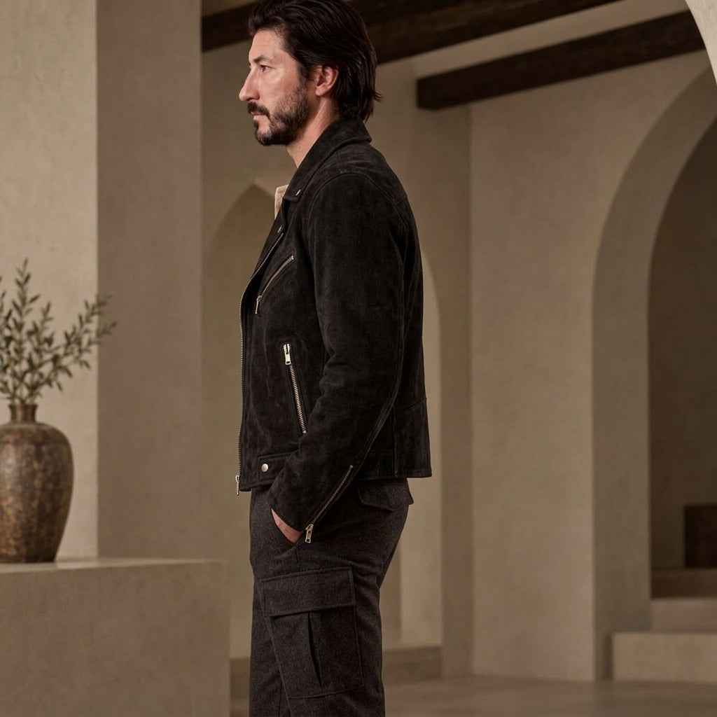 side view of a male model wearing Black Suede Leather Jacket in biker style