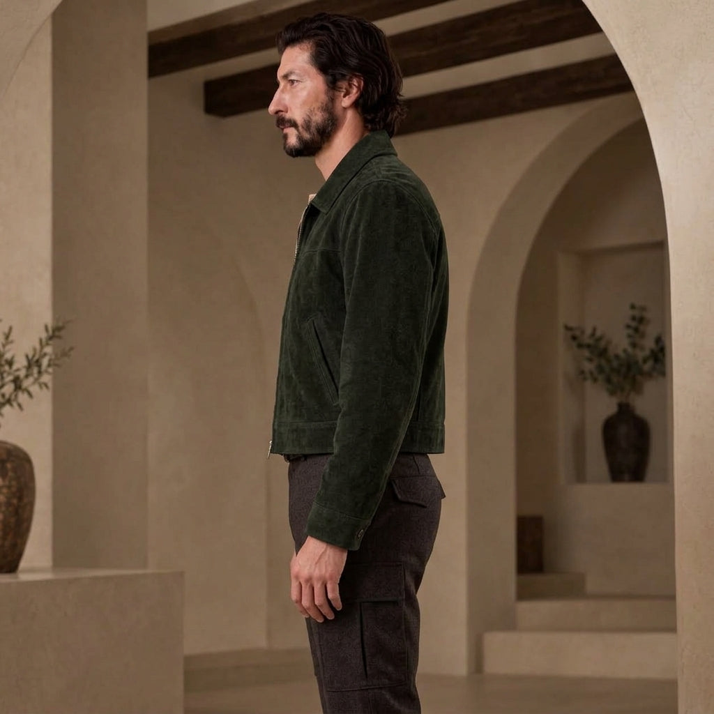 A man in profile wearing a dark green corduroy jacket and dark gray trousers, standing in a warm, beige-toned architectural interior with arches and wooden ceiling beams.