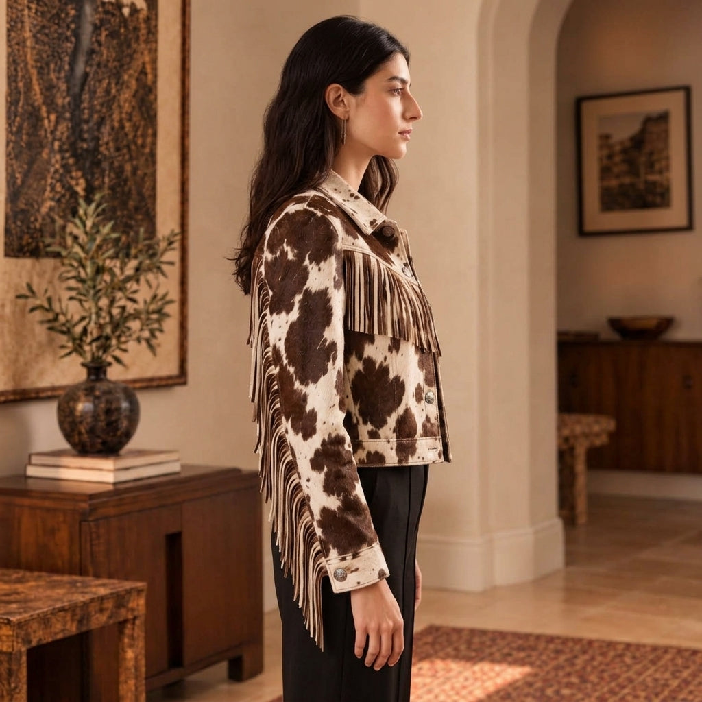 A woman stands in profile wearing a brown and cream Cowhide Fringe Jacket in an elegant indoor setting with warm beige walls and wooden furniture.