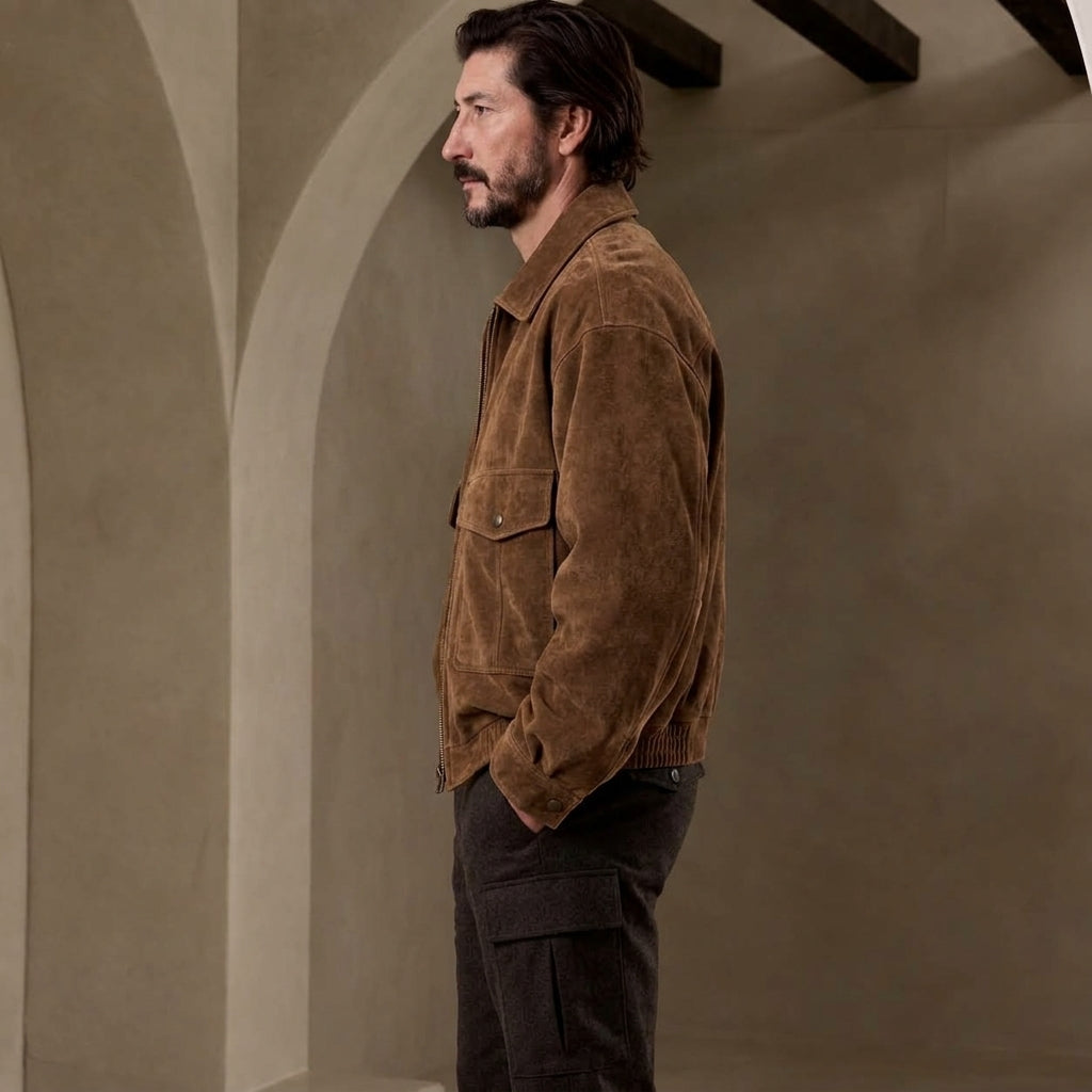 side view of a model wearing Oversized Suede Jacket