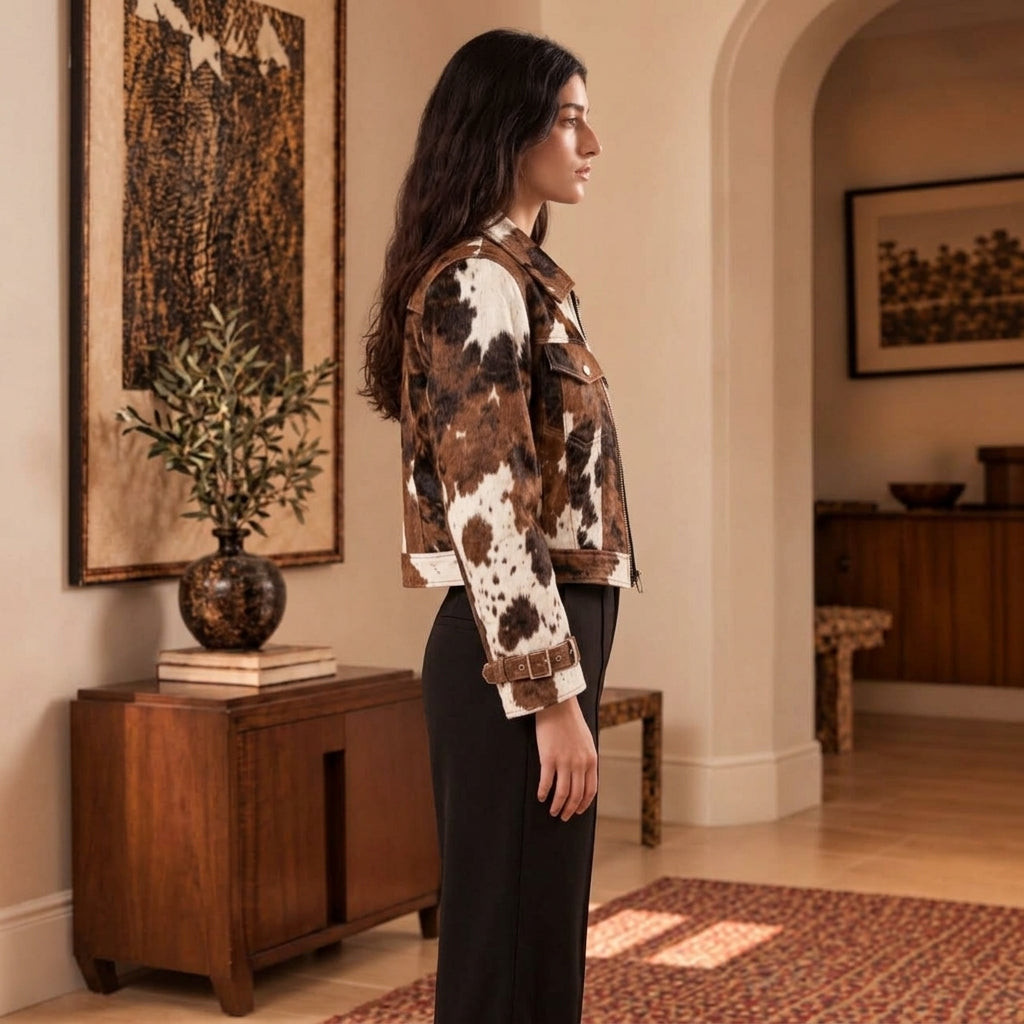 A woman stands in profile wearing a cropped button-front jacket with a brown, black, and off-white cow-print pattern, paired with black wide-leg pants, in a warm-toned interior hallway.