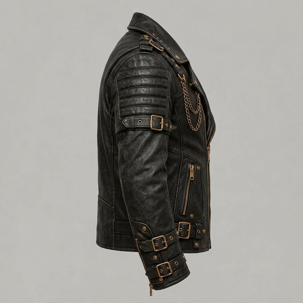 A black leather motorcycle jacket with distressed detailing, multiple buckle straps, and gold-toned hardware, shown in a side profile view against a neutral gray background.