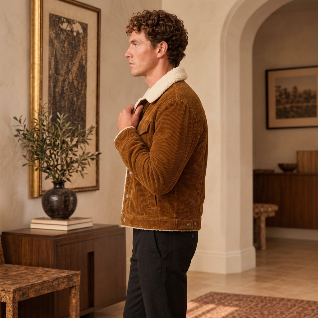A man wearing a brown corduroy jacket with a white shearling collar, standing in a warm, elegant room with beige walls and wooden furniture.