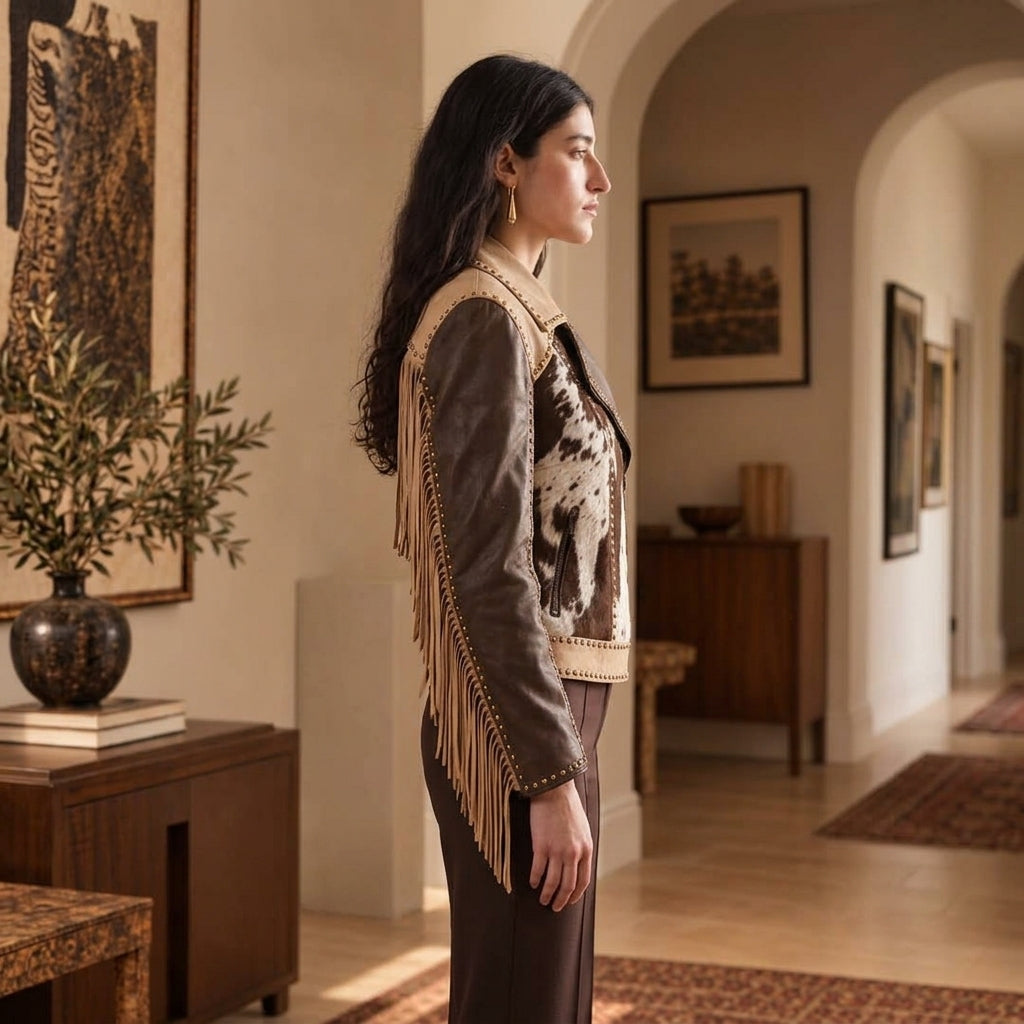 side view of a woman wearing Western Cowhide Jacket