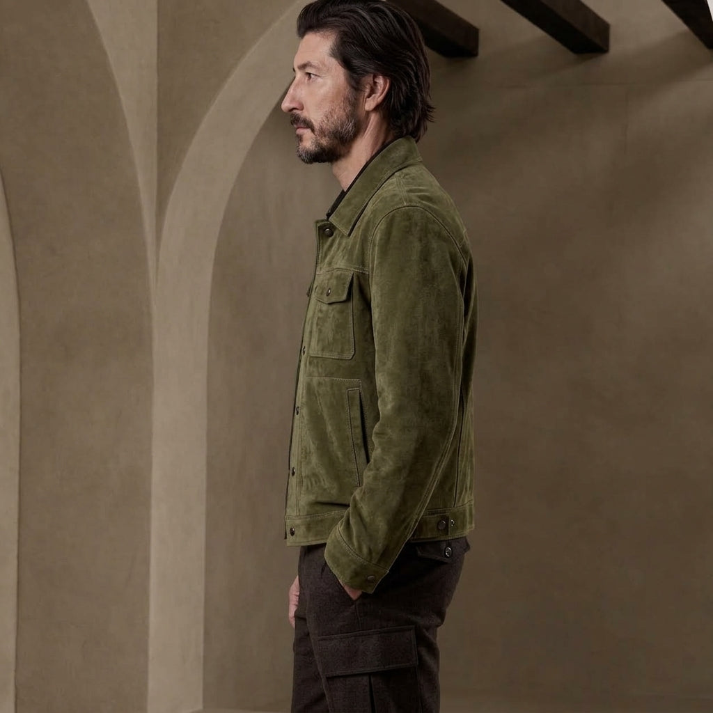 A man in profile wearing an olive green corduroy jacket and dark cargo pants, standing against a warm beige stucco wall with arches.