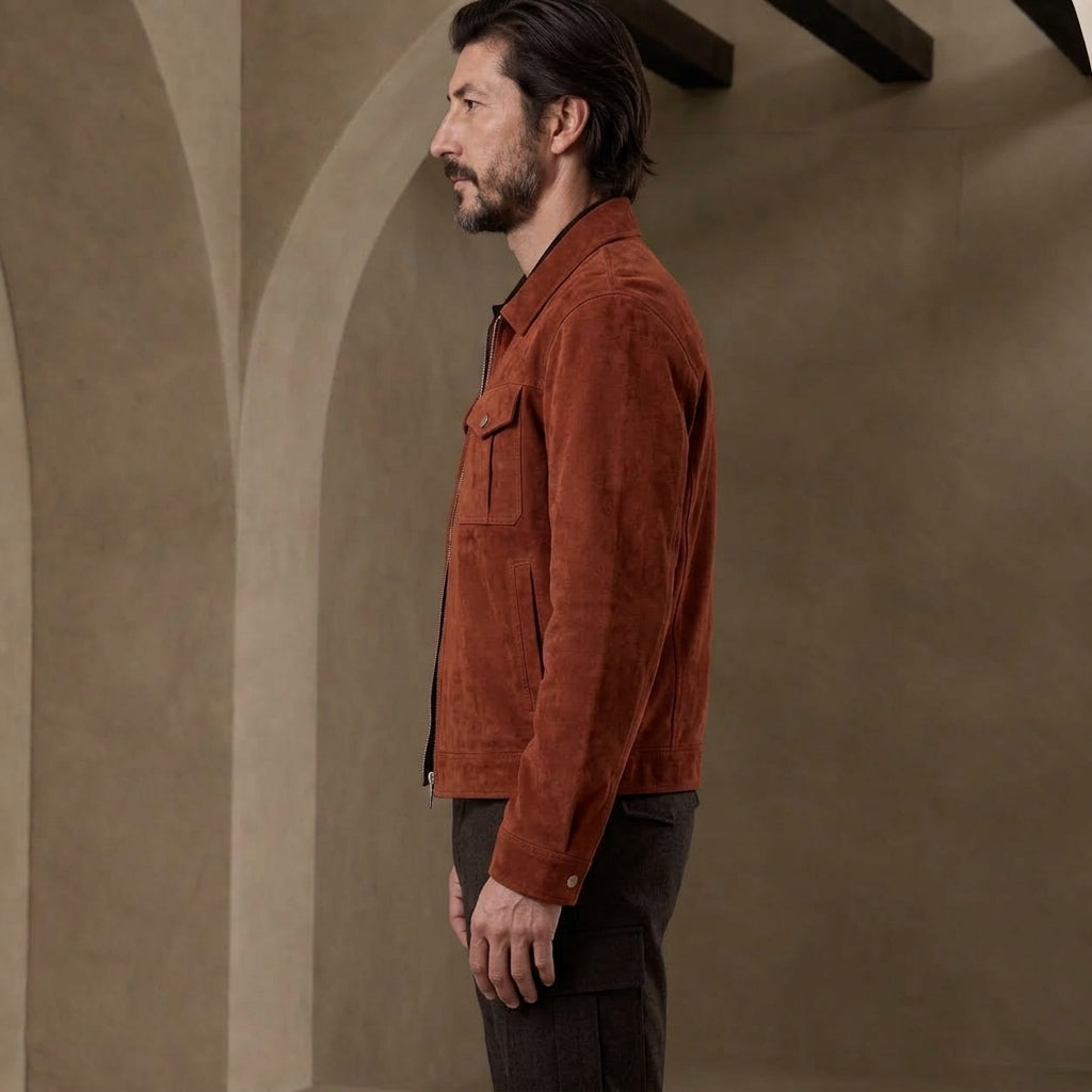 A man in side profile wearing a rust-brown suede jacket over a dark shirt and dark trousers, standing in a textured beige stone interior with arches.