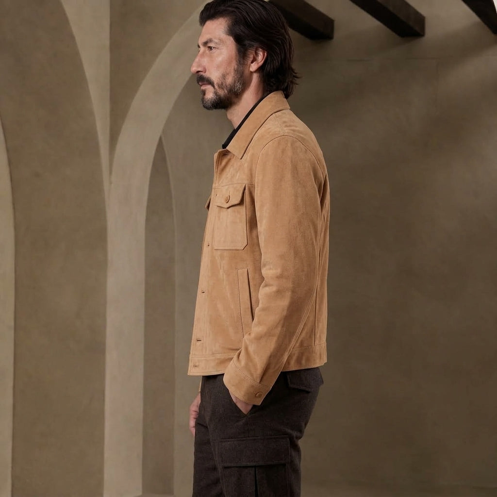 A man in side profile wearing a tan suede jacket over a black shirt and dark cargo pants, standing in a rustic interior with textured beige walls and arches.